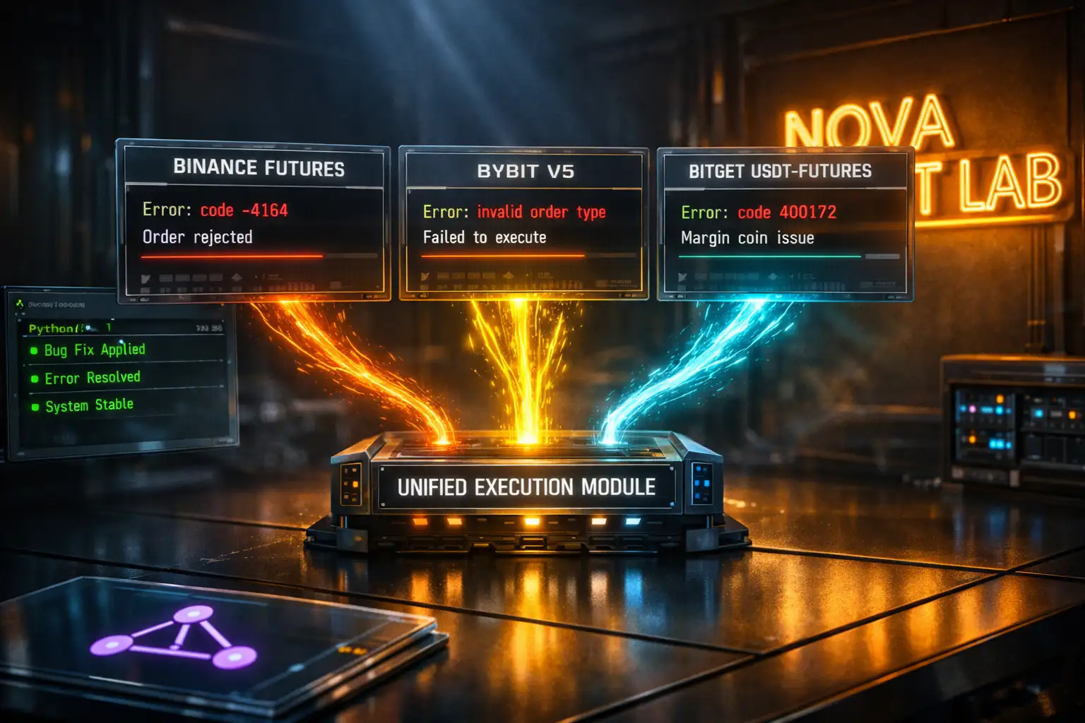 Multi exchange trading bot architecture diagram showing unified Python execution module connecting to Binance, Bybit, and Bitget Futures APIs