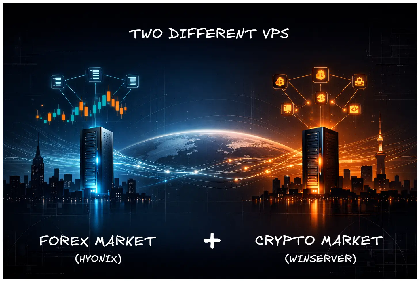 Conceptual illustration of two separate VPS server towers connecting forex and crypto trading markets through a global network, representing a multi-region trading infrastructure