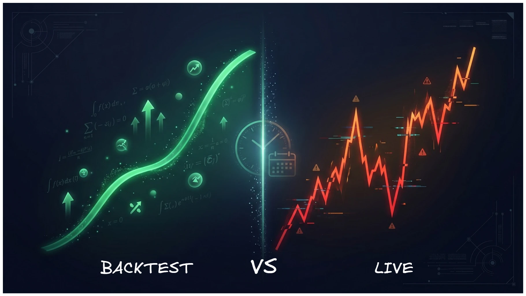 Conceptual illustration highlighting the core differences in backtest vs live trading performance through idealized and volatile equity curves.
