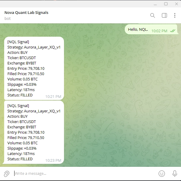 Telegram bot notifications showing live trade signals from Nova Quant Lab webhook system, including strategy ID, ticker, entry price, slippage, and execution latency